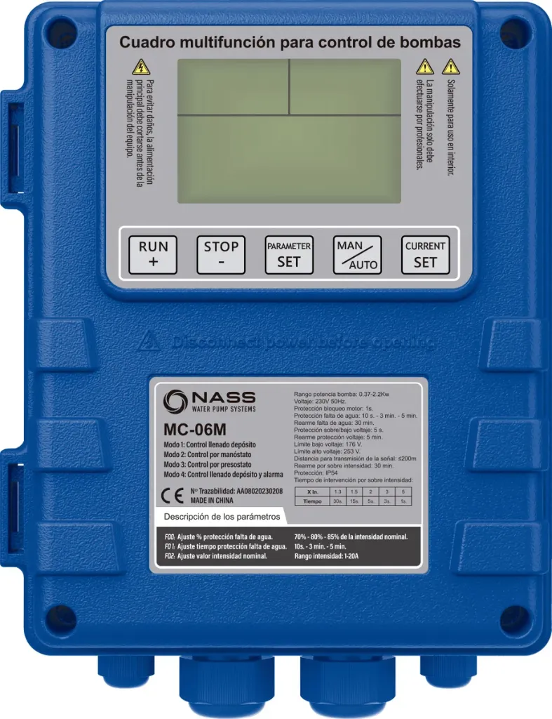 Cuadro eléctrico para bombas Nass Multifunción MC-06M 1 bomba hasta 2,2kW Monofásica